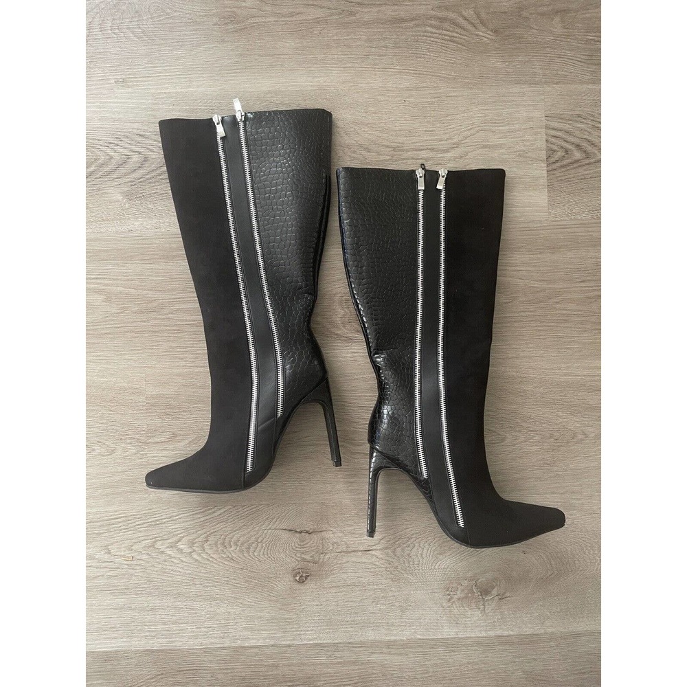 Womens Boots Size 8.5 Black Faux Suede Leather Double Zipper Knee Boots - Picture 7 of 9